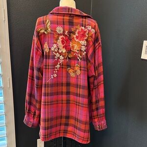 Johnny Was Pink and Orange Plaid Jacket with Floral Embroidery